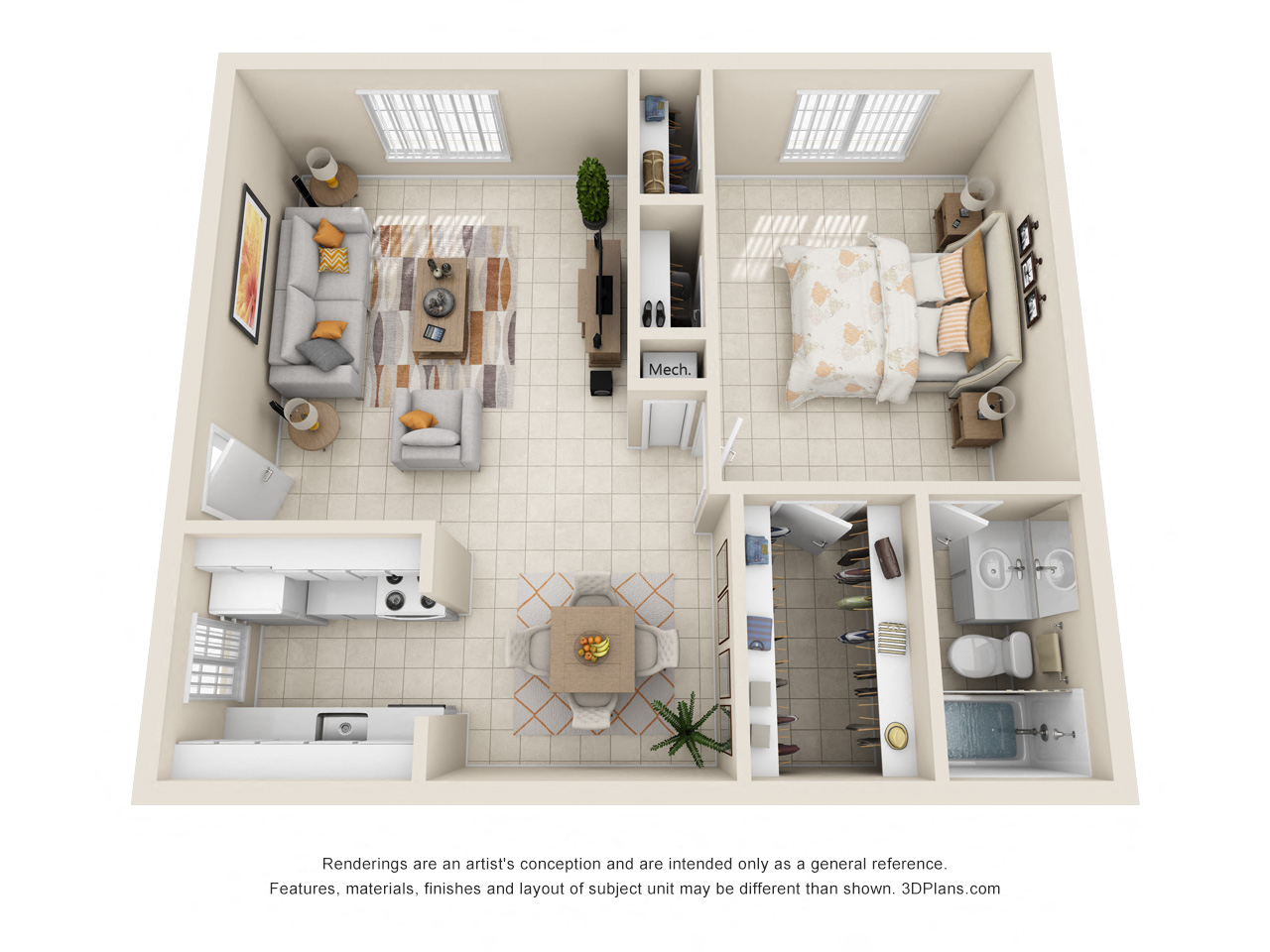 Floor plan for 1 bed, 1 bath, 630 sqft